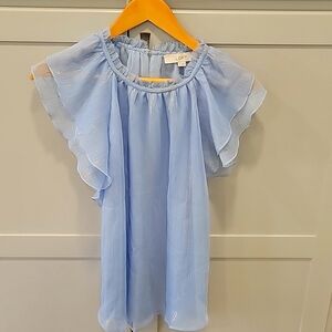 LOFT blouse. Medium. Light blue with gold shimmering stipes. Flutter sleeves